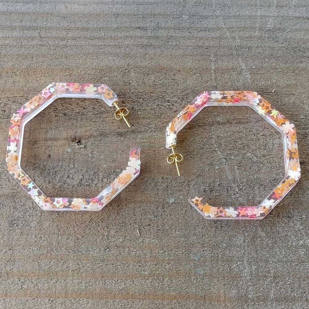 Coral, orange and yellow geometric resin hoop earrings